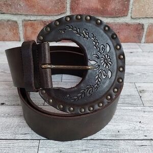 Vintage Fabio Corti Dark Brown Leather Belt with Embossed Large Round Buckle